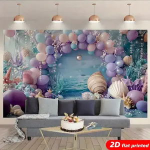 Magical Colorful Star-Embellished Under the Sea Tapestry Wall Hanging, 2D Flat Printed Backdrop with Mermaid, Ocean, Balloon, Shell Designs, Gift for Girls, Nursery Kids Room Decor, Mermaid Birthday Party Photo Booth Prop