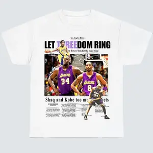 Kobe and Shaq Threedom Rings Newspaper Graphic T-Shirt, Crewneck Cotton Made In USA