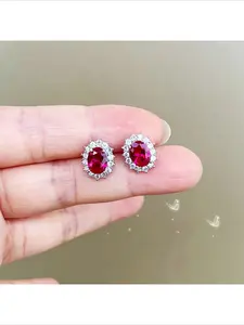 Trending European American Hot Sale Fashion Lady Di Style Pigeon Egg Stud Earrings Royal Synthetic Sapphire Spinel Red Corundum Light Luxury Versatile Earrings