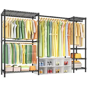 Ulif E10 Clothes Rack（With Stretchable Hanger Rod）Freestanding Clothing Racks for Hanging Clothes，Adjustable Closet Organizer System，Portable Garment Rack 73-97"W x 15" D x 72" H，Max Load 800LBS，Black Pastel