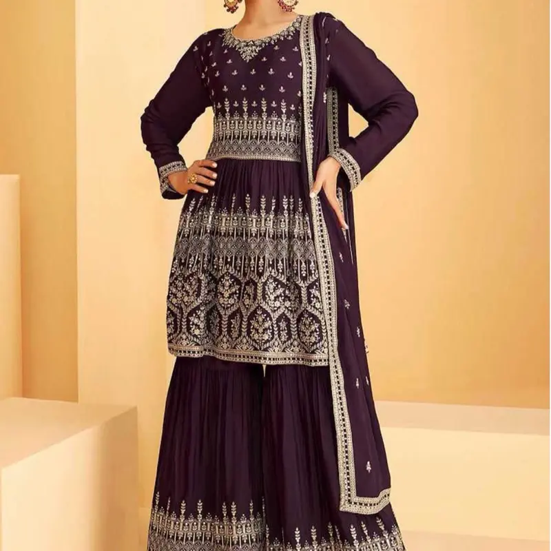 Designer Deep Purple Georgette in size 38/40 Pakistani Sharara Suit with Gold Heavy Embroidery