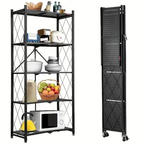 5-Tier Heavy-Duty Waterproof Metal Rolling Storage Shelf, No-Assembly Foldable Rack with Lockable Wheels, 5-Second Install Collapsible Unit, Large-Capacity Freestanding Organizer for Kitchen, Living Room, Office, Water Proof