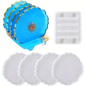 5-Piece Silicone Coaster Molds Set, DIY Resin Casting Mold Kit, Home Decor & Holiday Gift, Includes 4 Coasters Molds & 1 Support Rack Mold