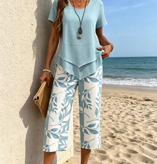 Women's 2 Piece Casual Outfit: Short Sleeve Polyester Shirt and High Waist, Wide Leg Printed Pants for Summer Vacation Wear