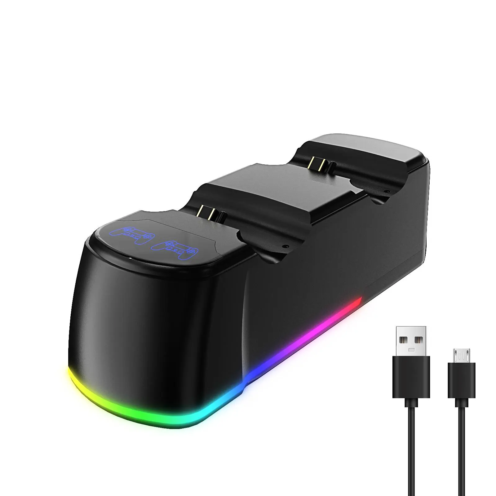 Dual USB Charger, 1.8 Hour Fast Controller Charging Gamepad LED Charge Station with RGB Ambient Light, Charger for PS4/PS4 Slim/PS4 Pro, Micro