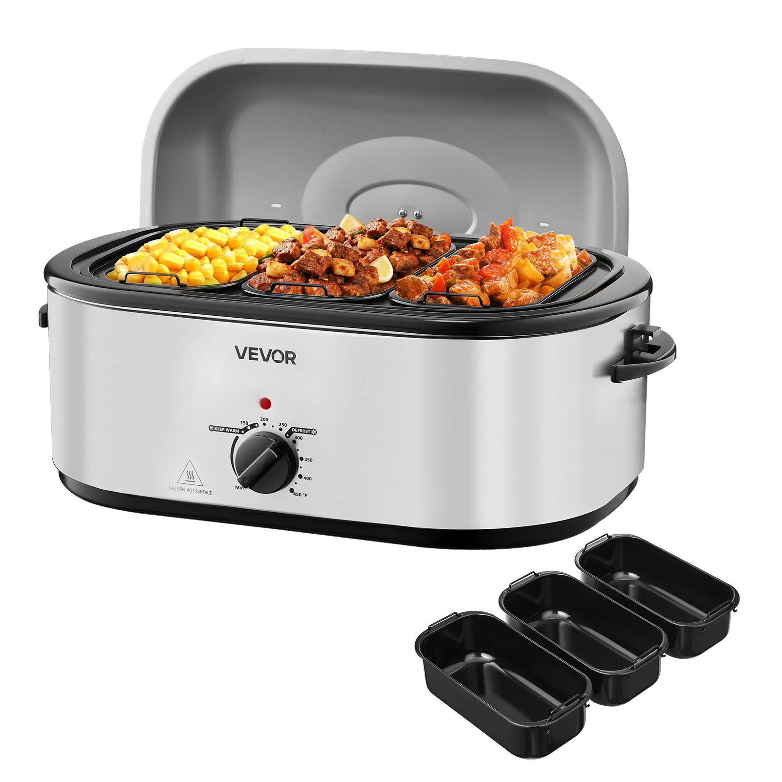 VEVOR Roaster Oven, 24QT Electric Turkey Roaster Oven, 150-450℉ Adjustable Temperature Electric Roasting Pan with 3 Bin Buffet Server, Self-Basting Lid, Defrost & Warm Function, Self-Basting Lid