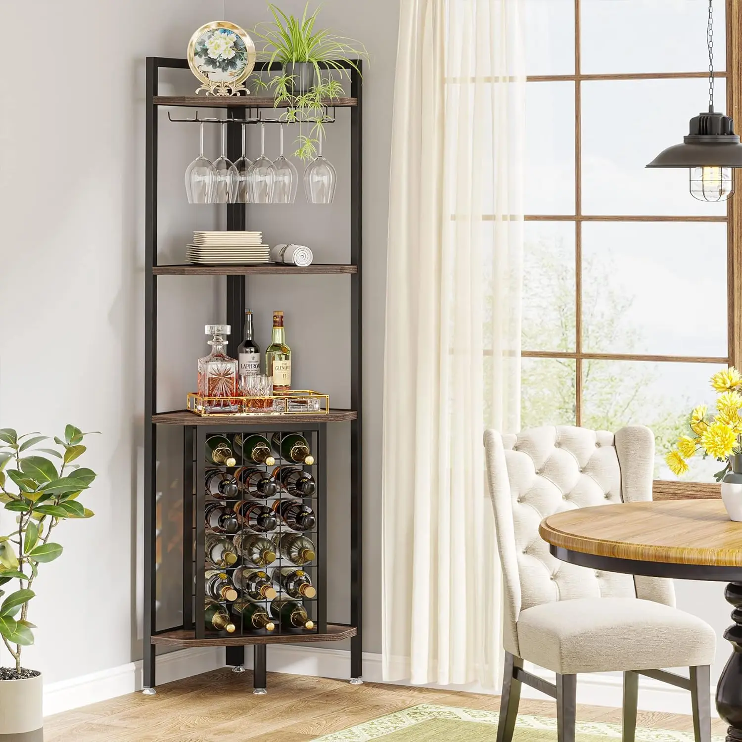 Tribesigns Wine Rack, Industrial Freestanding Floor Bar Cabinets for Liquor and Glasses Storage for Home Kitchen Utensils Bottles Rustic