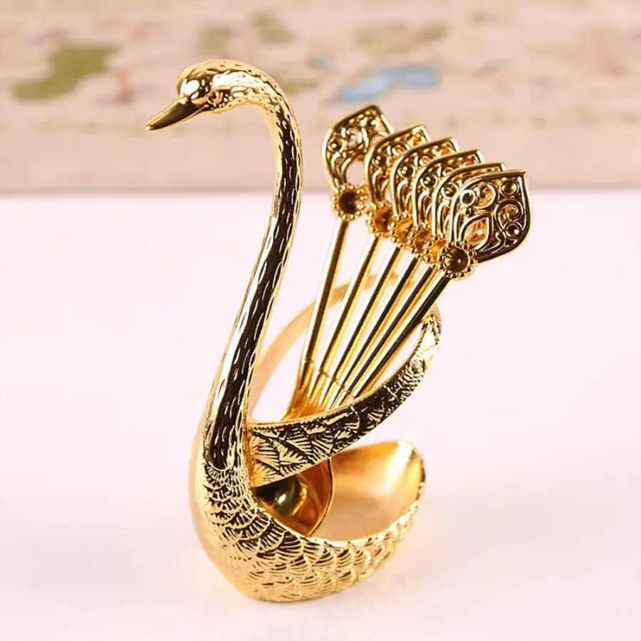 Swan Coffee Spoon Set with Holder Gold