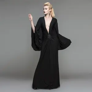Black Ruched Long Dress ~ Deep V Slit ~ Gothic Larp, Vampire, Anime Costume Sexy Formal Gown Wedding Guest Halloween Morticia Adam's Family Elvira