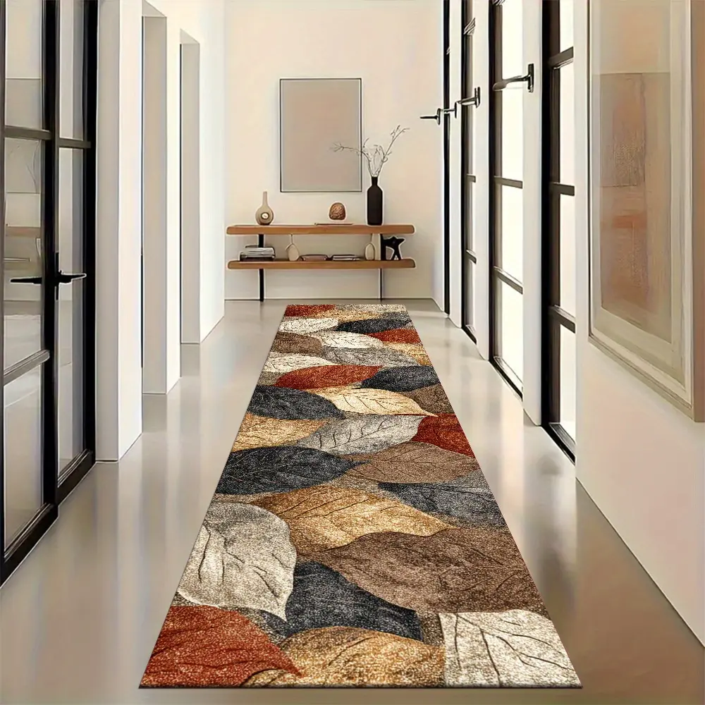 2D Flat Countryside Style Artificial Fiber Colorful Leaf Pattern Rug, 2.70x26in, Non-Slip Backing, Soft Touch, Wrinkle Resistant, Machine Washable Easy Maintenance, Entryway Decor for Bedroom