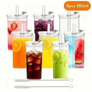 8 Sets Square Drinking Glass Cups, Old Fashioned Glasses, 12 Oz Square Glasses, Clear Highball Modern Glassware Tumbler Mixed Drinkware with Straws for Cocktail Coffee Juice Beer (Square-8PCS)