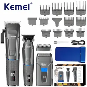 Professional Hair Trimmer Set Km 2375 with LED Display, 3-Piece USB Rechargeable Electric Clippers, 2500mah Wireless Battery