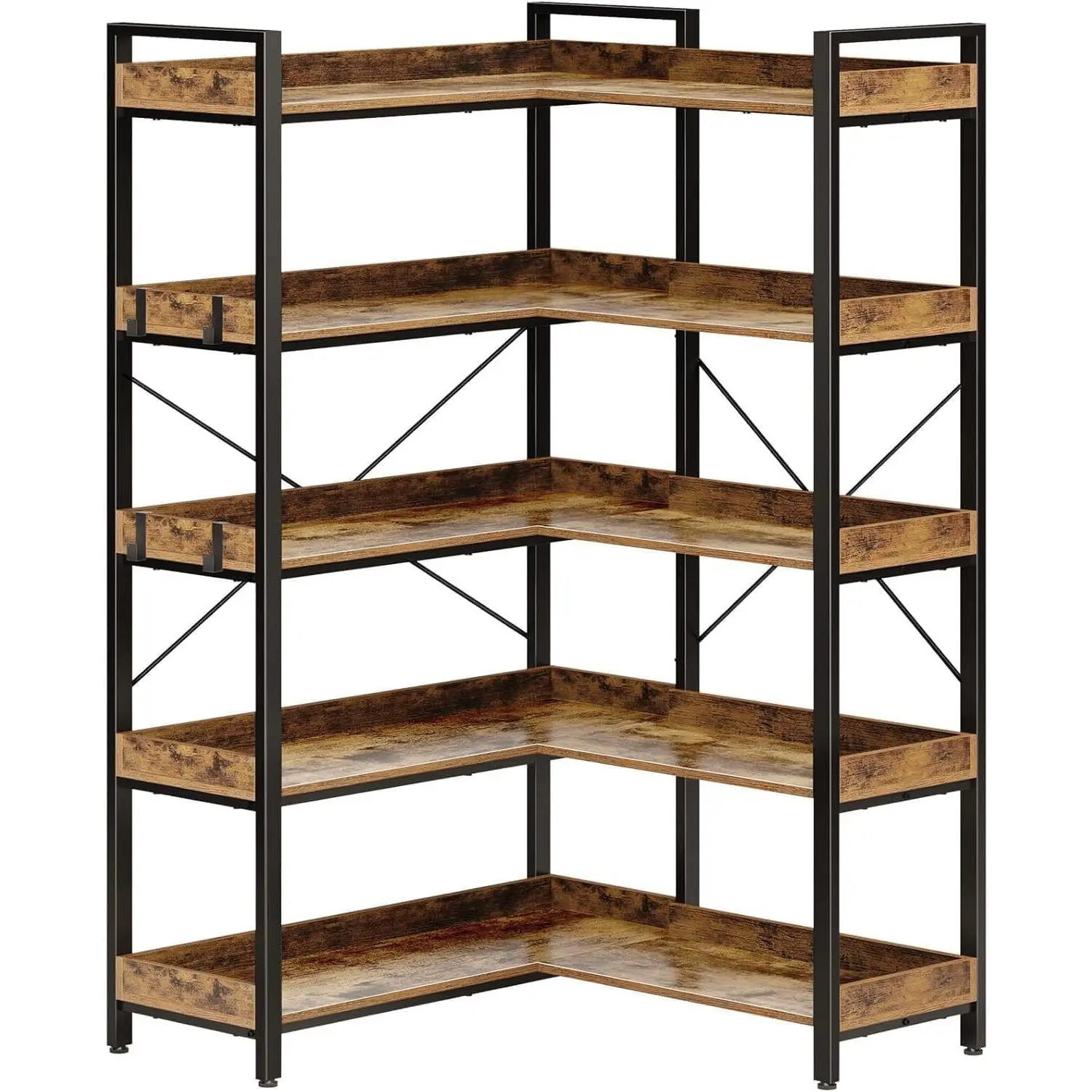 5-Tier L-Shaped Corner Rustic Industrial Wooden Bookshelf - Tall Open Display Shelves, 4 Hooks, Freestanding Storage Organizer, Sturdy Metal Frame, Easy Install, Ideal for Living Room, Bedroom, Corner Shape, Wooden Shelves