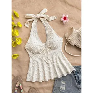 Women's Swiss dot texture Halter collar top, vacation casual sleeveless top, summer women's clothing, breathable sleeveless top, women's clothing