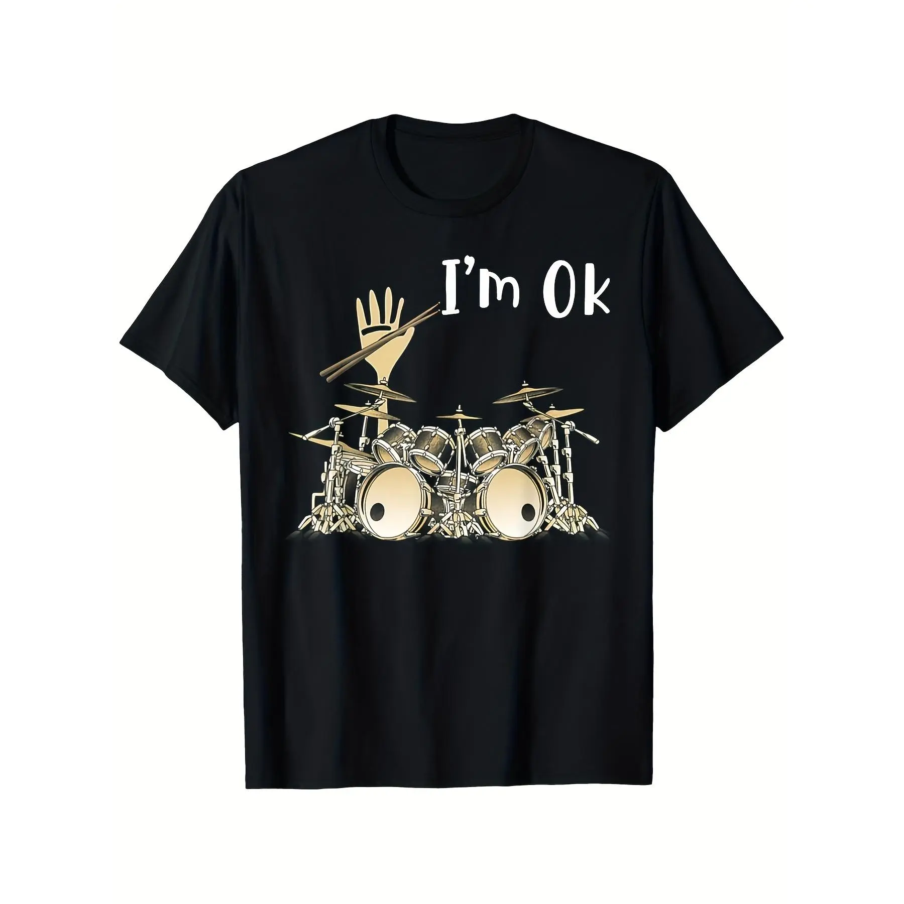Im Ok Drummer Music Instrument Graphic T Shirt Casual Crew Neck Short Sleeve Tee Breathable Fabric Slight Stretch All Season Fashion Top Regular Fit All Season Trendy T Shirt Casual Wear T Shirt for Easter Black Short Sleeve Crew Neck Tee for Men