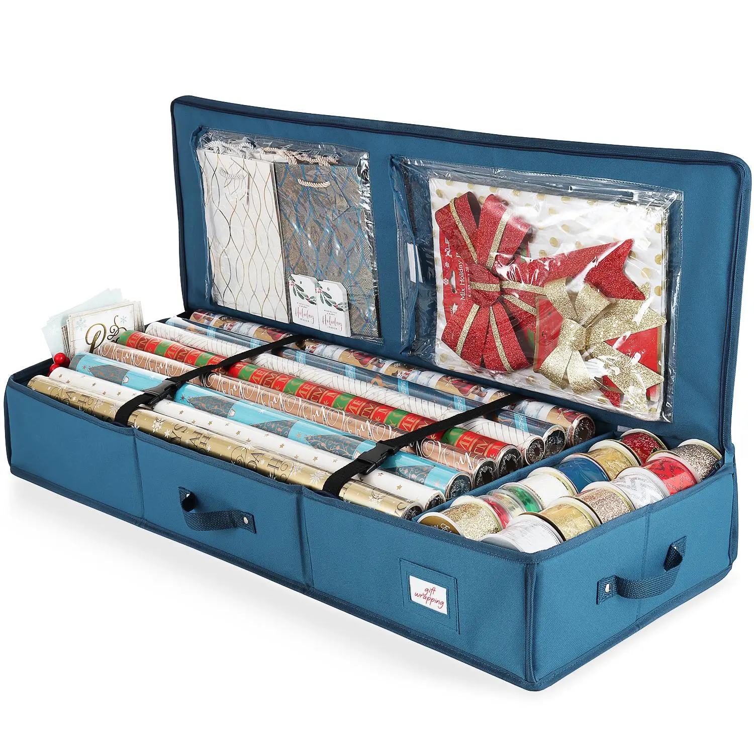 Hearth & Harbor Christmas Wrapping Paper Storage Container – Gift Wrap Organizer with Handles, Fits Rolls, Bows & Ribbons
