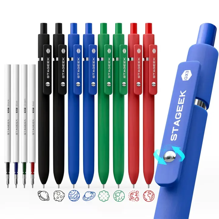 STAGEEK GX3 Series 12-Piece Fine Tip Gel Ink Pens Set - 8 Assorted Colored Pens, 4 Refills, 0.7mm Quick Dry Lefty-Friendly Retractable Fidget Design, Silicone Grip, Durable Clip, Work Office/School Supplies, Fine Tip Pens