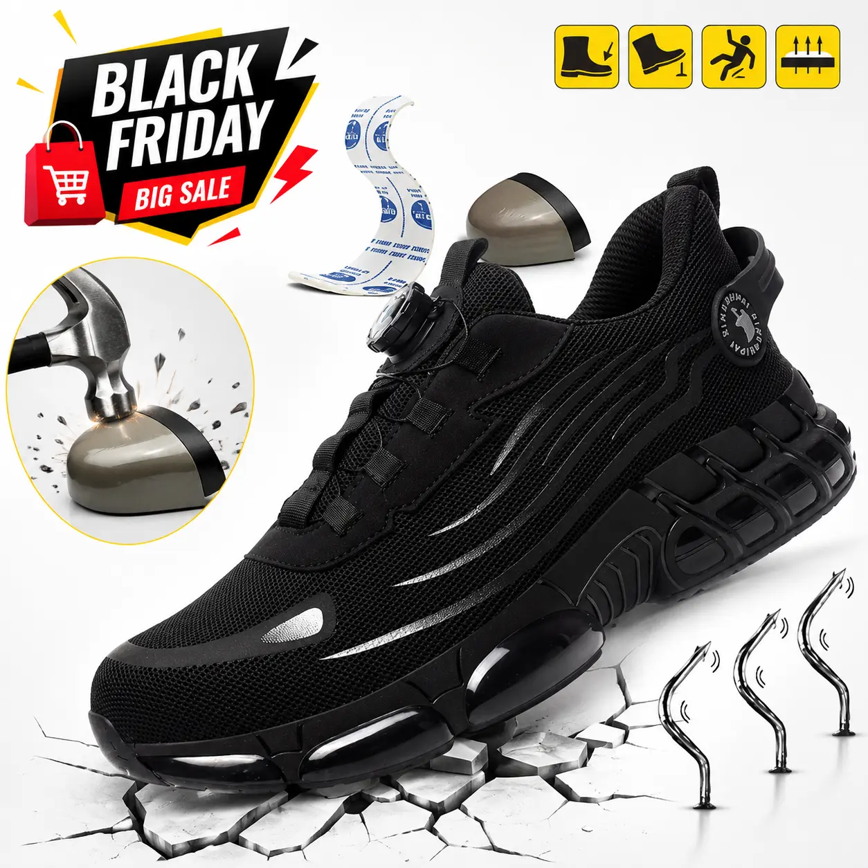 Men's Lightweight Slip Resistant Work Shoes - Durable Sports Sneakers with Breathable Mesh, Steel Toe Safety, EVA Cushion Sole, Casual Style, All-Season Comfort, Father's Day Gift Footwear