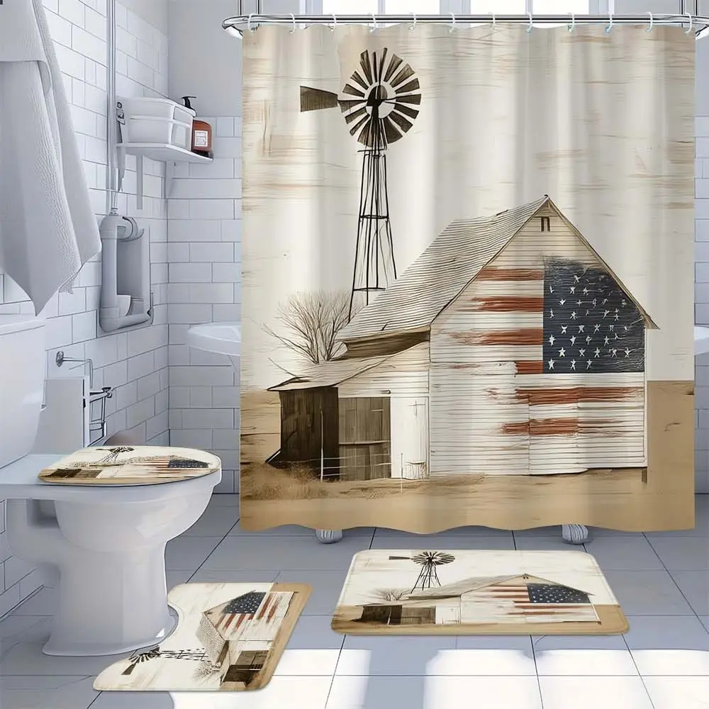 4 PC Rustic American farmhouse themed bathroom set, Shower essentials, featuring barn and windmill print perfect for Independence Day decor including shower curtain floor mats, Aesthetic bathroom decor