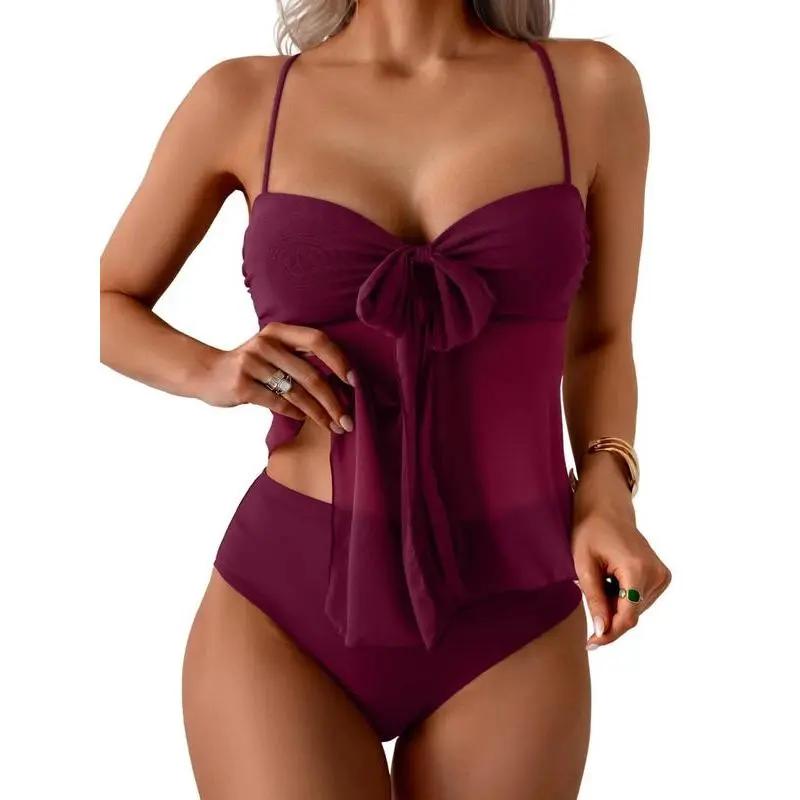 Women's quick-dry mesh tie-up two-piece swimsuit, tummy control flowy mesh top with high-waisted bottoms, beachwear.