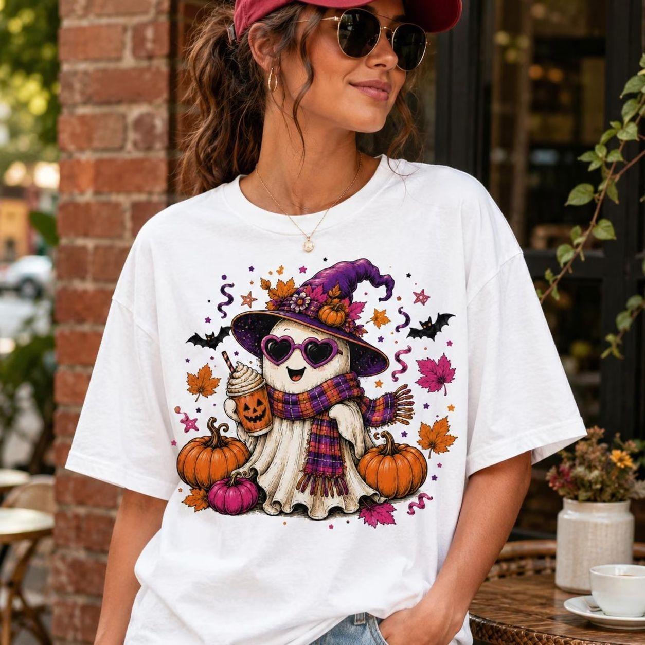 Cute Ghost Witch Halloween T-Shirt, Comfort Colors Fall Pumpkin Shirt, Spooky Season Tee, Unisex Halloween Gift for Women Teens