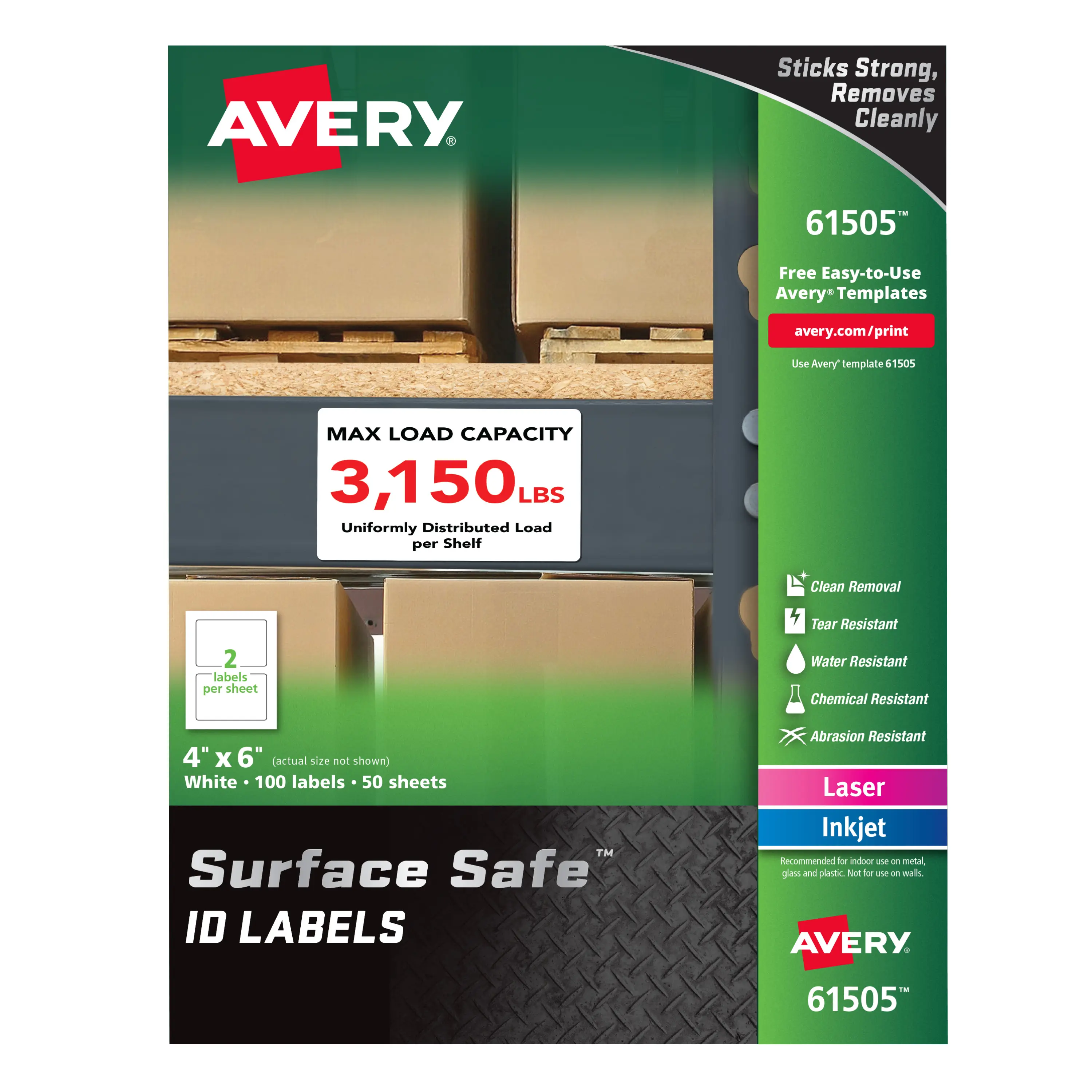 Avery Surface Safe ID Labels, 4" x 6", Water Resistant, Matte White, Removable Adhesive, 100 Labels (61505)