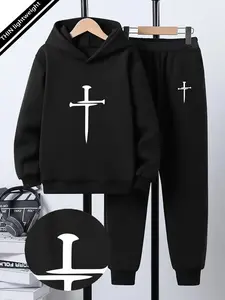Teen Boys Spring & Fall Set, Thin Hooded Sweatshirt Set, Cool Cross Sword Print Hoodie, Fashion Casual Hooded Pullover, Youth Printed Leisure Clothing, Sweatpants
