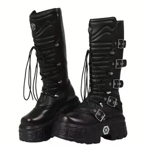Cyberpunk Style Thick-Sole Motorcycle Boots for Women Gothic Punk Platform Combat Boots Fashionable Mid-Calf Combat Boots with Zip Closure Round Toe and Buckle Straps Girl Walking Shoes