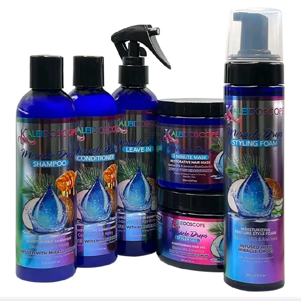 Kaleidoscope Miracle Drops Collection Coconut Milk Honey Aloe Vera Rice Water Moisturizing Blend Hair Care Bundle 6 Pcs Set Shampoo Conditioner Leave In Mask Styling Gel Foam