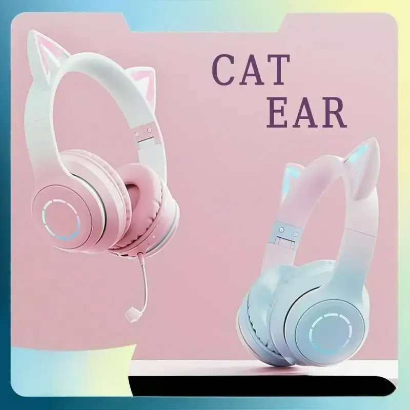Cat-Ears Cordless Bluetooth Gaming Headset with Mic, 2-Mode RGB Lights, 16.0 H & Above Battery Life, Lightweight Custom Headset for Gaming