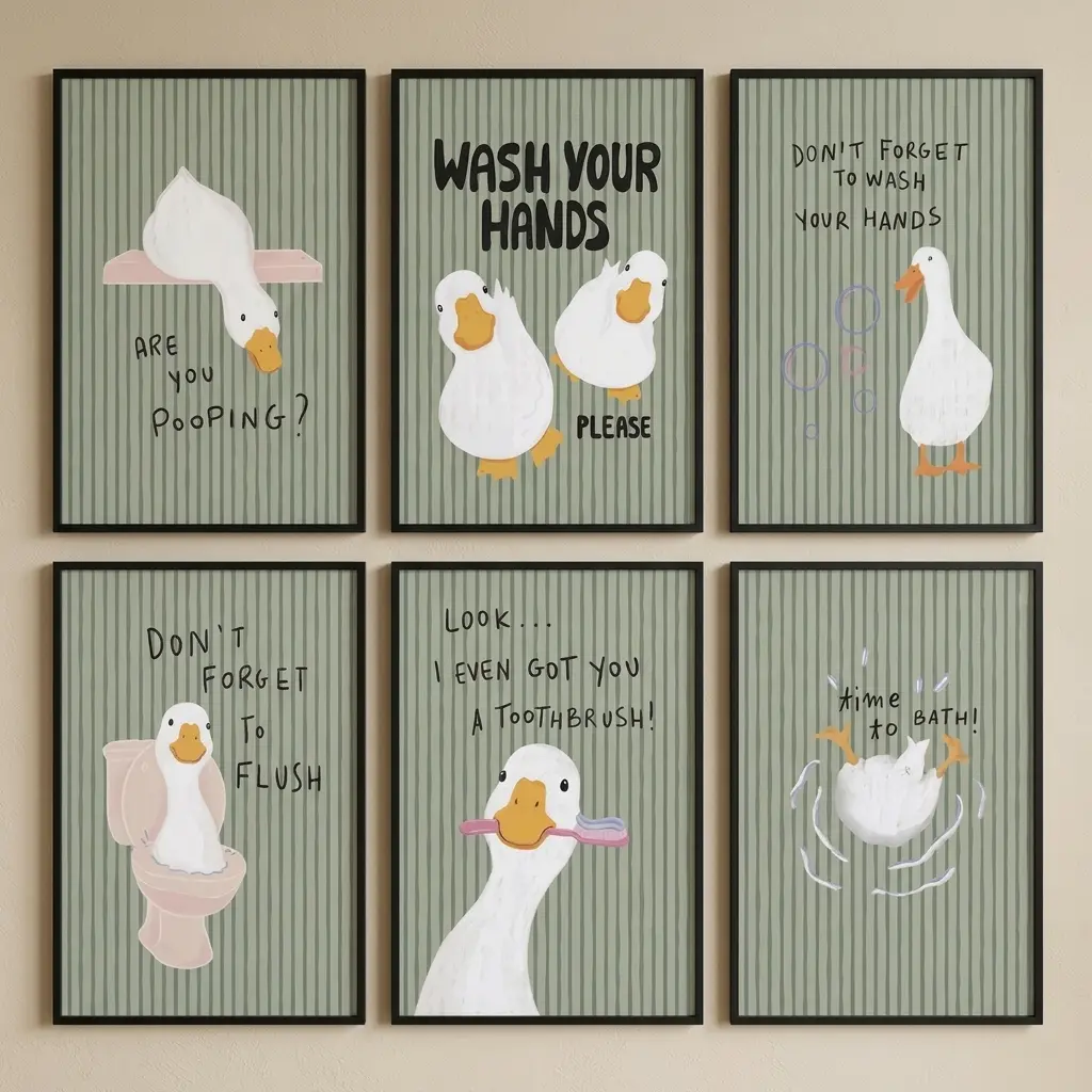 Funny Cartoon Duck Bathroom Wall Art Poster, Green Stripes Nursery Quotes Canvas Print, Sage Green Decorative Restroom Hygiene Sign, Whimsical Home Decor for Sohochic, Cute printed