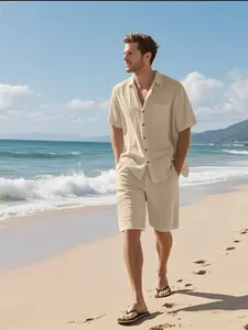 Men's Summer Set, Short Sleeve Shirt and Shorts, Breathable Linen Beachwear, Casual Men's Clothing, American Style, Cross-Border Independent Store