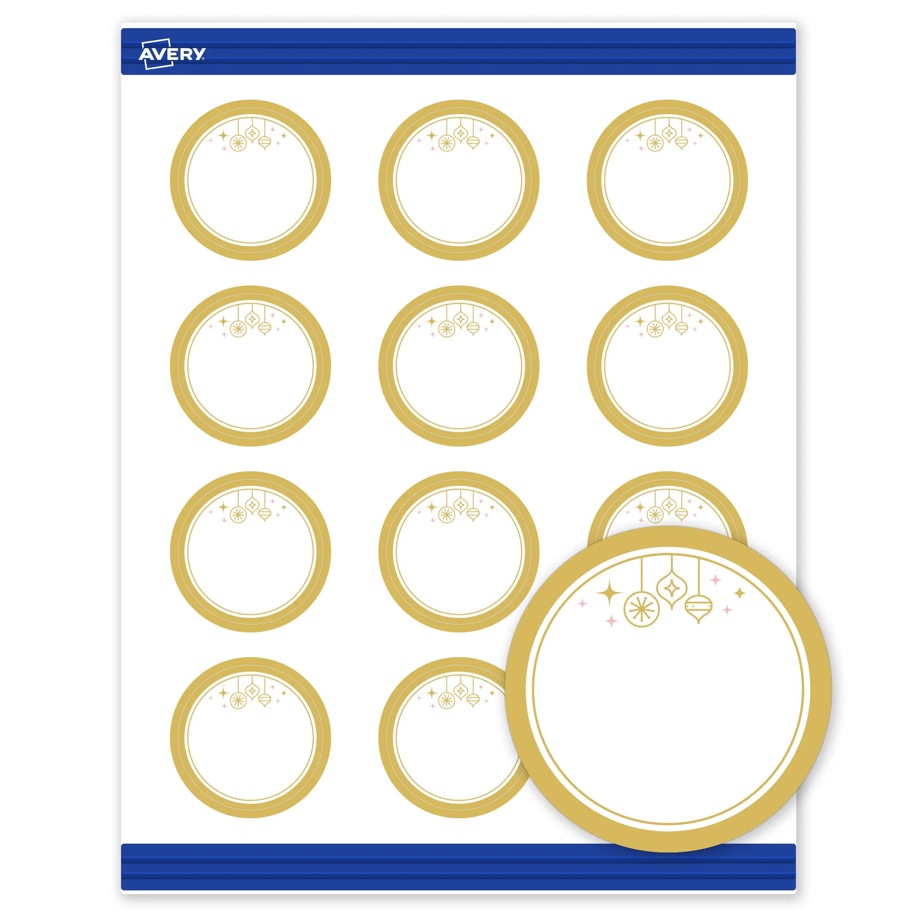 Avery® Printable Christmas Business Cards with Sure Feed® Technology, Round, 2" Diameter, Pre-Printed Metallic Gold Hanging Ornaments Design, Matte White, Laser & Inkjet Compatible, 120 Total