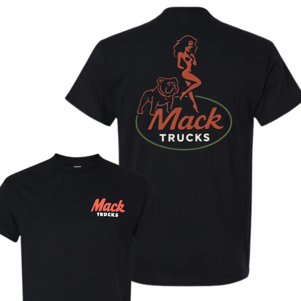 Mack Trucks Bulldog & Pin-Up Girl T-Shirt, Vintage Automotive Graphic Tee, Soft Cotton Blend Shirt, Classic Trucking Lifestyle Apparel for Men & Women, Driver Gift Idea