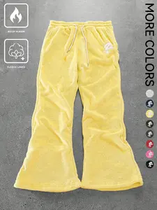 Trendy Fleece-Lined Flare Pants, Warm Plush Fabric, Drawstring Waist, Embroidered Pattern, Comfortable for Daily Wear & Street Style