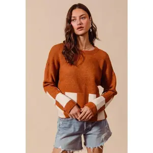 Rustic Checkerboard Knit Sweater - Rust-Orange, Bold Ivory Accents, Cozy & Casual, Relaxed Fit, Soft Knit Texture, Perfect for Layering
