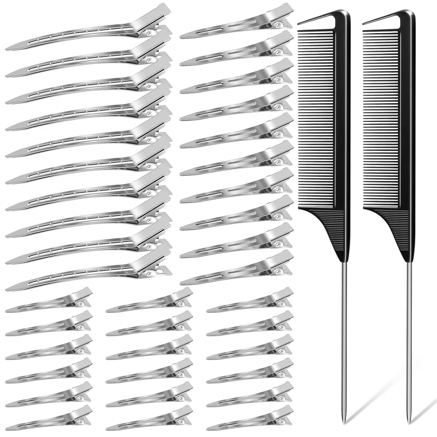 3 Sizes Metal Hair Styling Clips 70 count,  No Crease  Clips for Hair Rollers with 2 count Parting Comb for Braids, Coloring and Styling