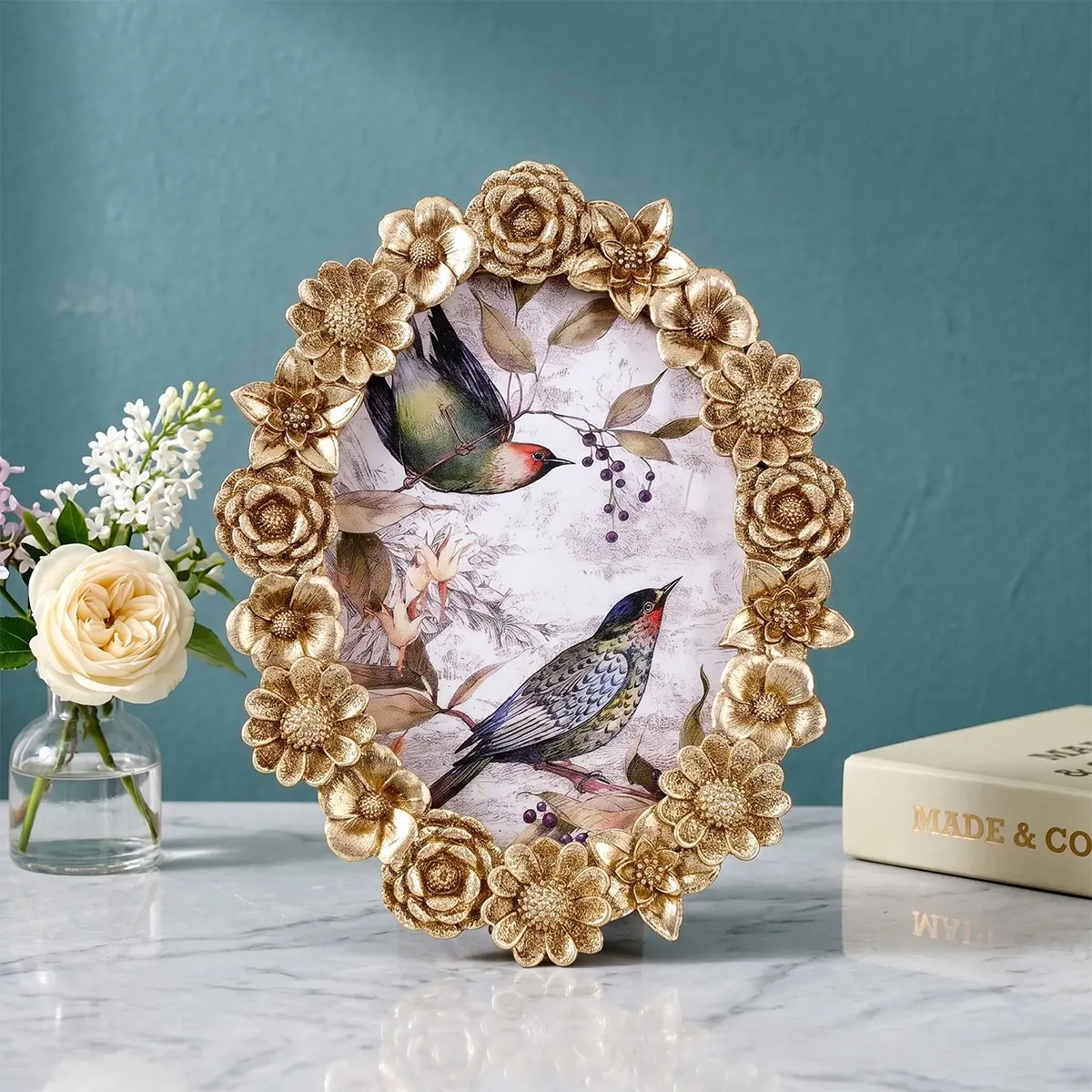 Creative Floral Pattern Frame, Oval Desktop Photo Display, Versatile Resin Frame for Home Decor and Photography Props, Home Decor Accessory, Picture Frame
