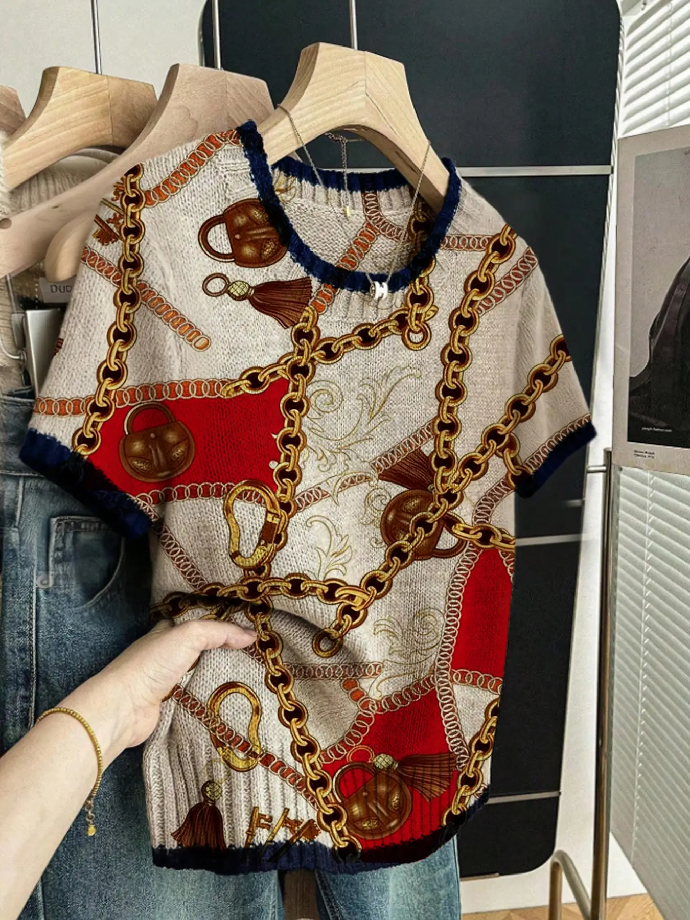 Baroque Style Colorblock Print Round Neck Fitted Sweater, Casual Short Sleeve Knitwear for Spring Summer Fall, Comfortable Warm Fashion Women's Clothing Womenswear Tops Piece