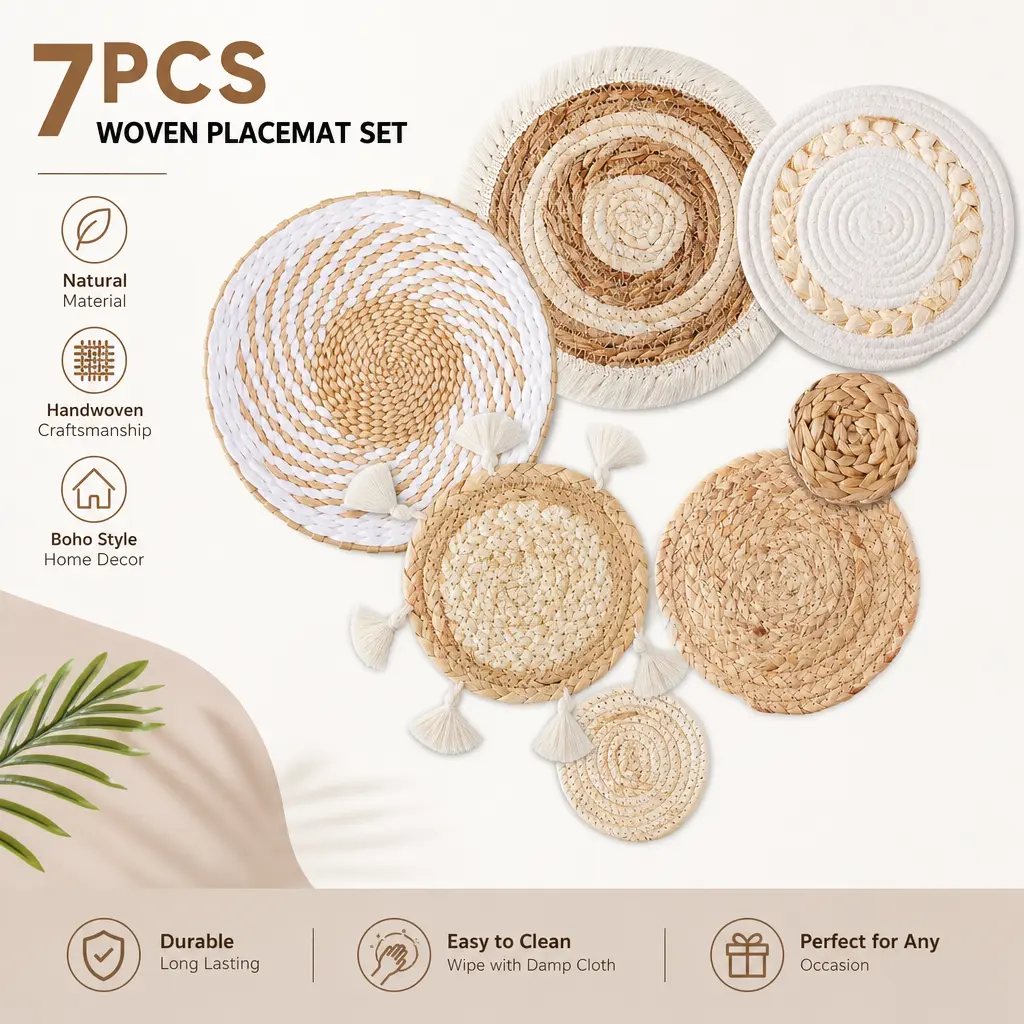 7 Pack Boho Wall Basket Decor – Seagrass Rattan Wicker Handmade Round Flat Baskets, Rustic Wall Art for Farmhouse Living Room, Bedroom, Kitchen – Also Use as Table Centerpieces