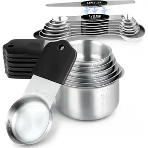 Magnetic Measuring Cups & Spoons Set, Strong N45 Magnets, Heavy Duty Stainless Steel Fits in Spice Jars for Baking & Cooking, BPA Free, Round Set of 15 with Leveler,Dark Black