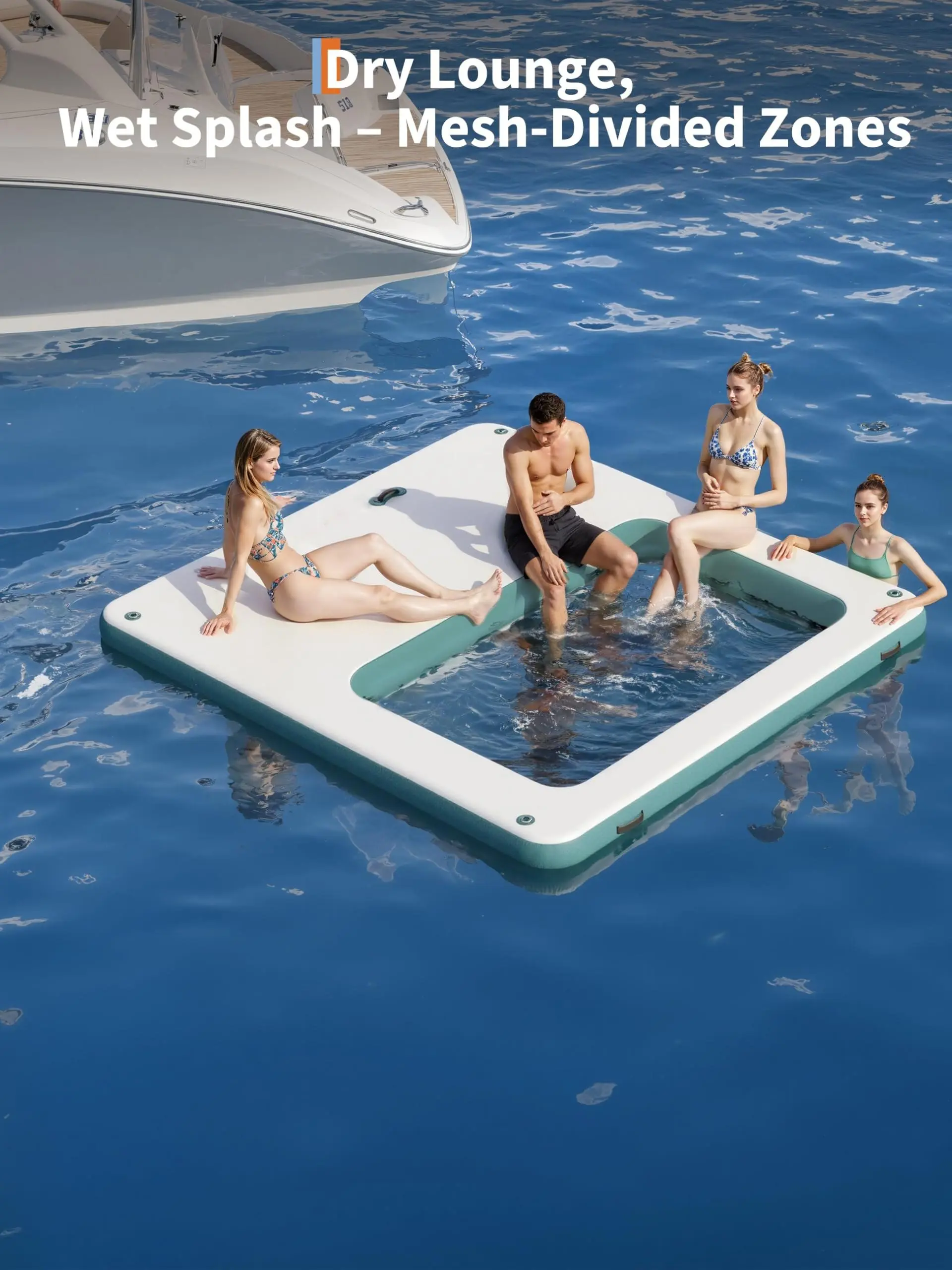 Garvee 10x10 ft Square Inflatable Floating Dock, Floating Water Island Raft with Mesh Swim Area, Non-Slip EVA Platform and Rope Ladder, Perfect for Pool, Lake and Ocean
