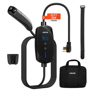 【fathersdaygift】VEVOR Level 2 Tesla Charger, 32 Amp Adjustable Current, 240V Portable Home Electric Car EV Charger with 25 ft Charging Cable, NEMA 14-50P Plug, LCD Display, NACS Connector, for Tesla Model Y/X/3/S