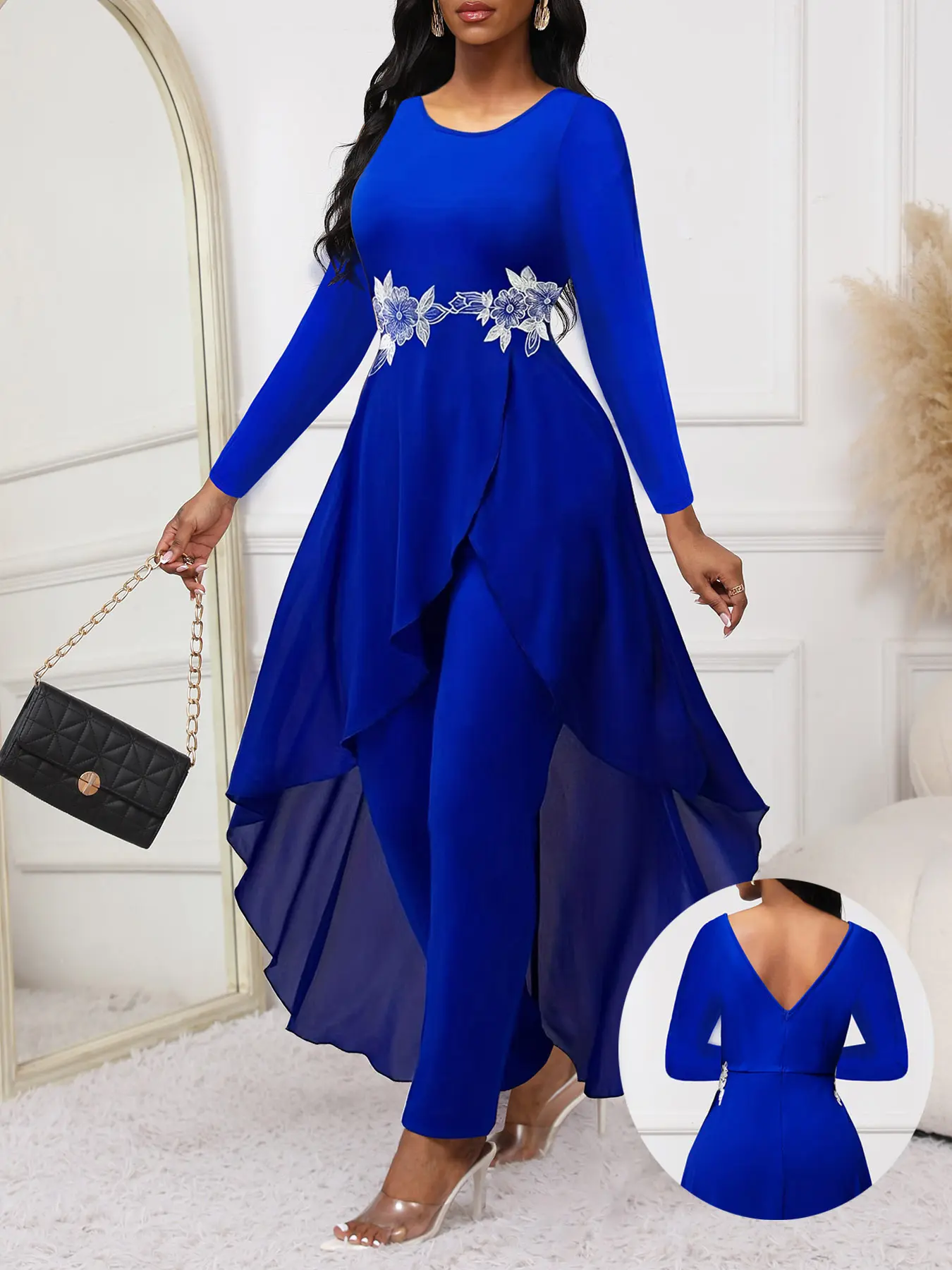 Women's jumpsuits, Lady, Elegant Fashion Jumpsuit, Elegant Chic long-sleeved, Crewneck, slim-fit High Waist, vest, Eid al-Fitr party gathering, color-blocking lace splicing, asymmetrical hems, suitable for all four seasons, Womenswear, garment