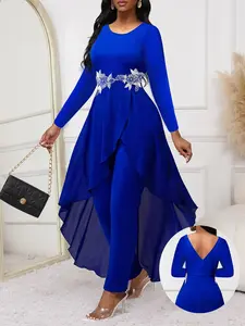 Women's jumpsuits, Lady, Elegant Chic long-sleeved, Crewneck, slim-fit High Waist, vest, Eid al-Fitr party gathering, color-blocking lace splicing, asymmetrical hems, suitable for all four seasons, Womenswear