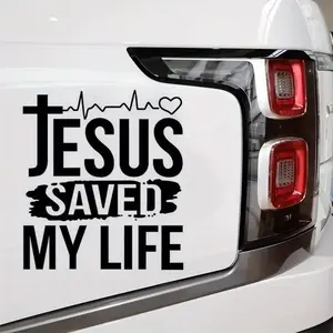 Jesus Saves My Life Heartbeat Vinyl Sticker, Multipurpose Car Decal, Bumper Sticker, Adhesive Vinyl Decal, Car Decorative Sticker, Cartoon Jesus Design with Heartbeat Line, Perfect for Cars Windows Walls Cups, Car Vehicle Decoration, Sticker Decals