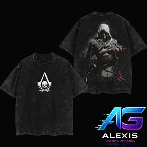 Action Adventure Game Assassin Pirate Edward Kenway Graphic Shirt, Vintage Gaming Washed Black Streetwear T-Shirt Hoodie, Stealth Assassin Back Print Shirt, Gamer Outfit, Unisex Cotton Apparel, Gift for Fan, Assassin's Creed Black Flag Gaming Apparel