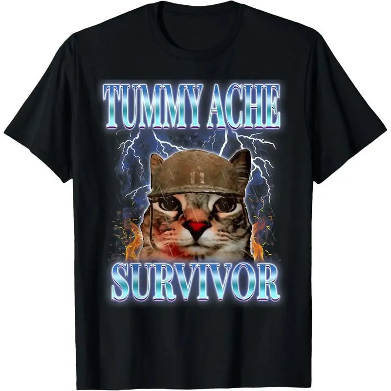 Tummy Ache Survivor Cat Meme Funny Saying T‑Shirt, Animal Graphic Short Sleeve Tee, Y2K Casual Vacation Outfit Clothing for Cat Lovers