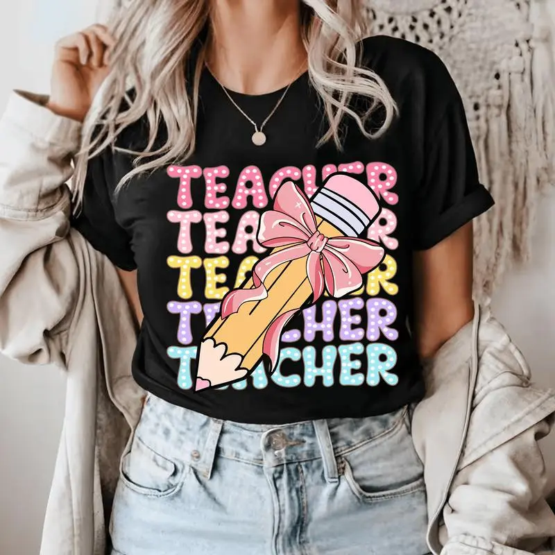 Teacher Shirt, Comfort Color Teacher Tshirt, Pencil Coquette Bow Shirt, Dalmatian Dots Teacher Tee, Bright Doodle School, Pink Bow Streeeartw