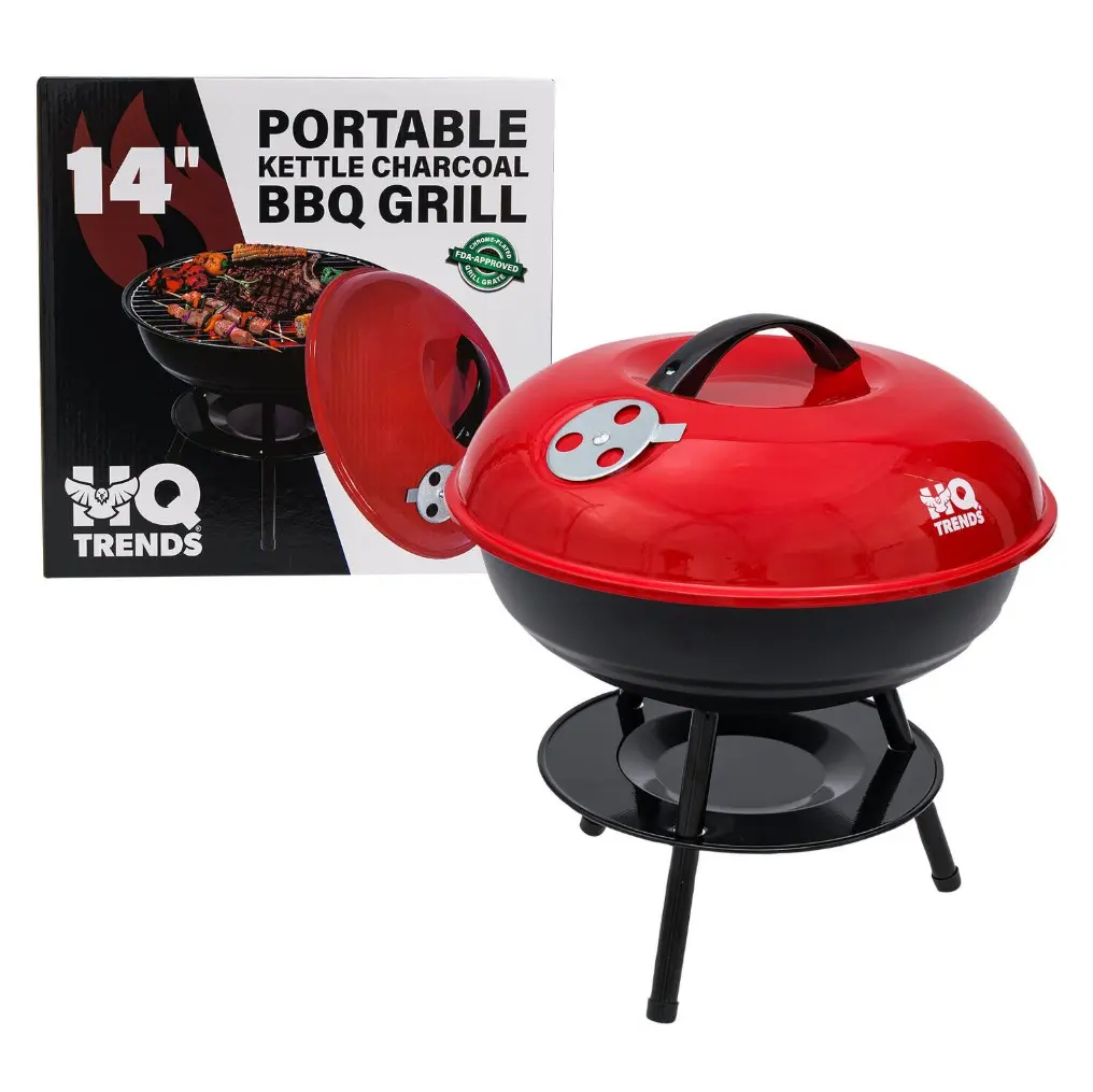 Classic 14" Portable Charcoal BBQ Grill with Kettle Design, Red Outdoor Kitchenware Barbecue Tool